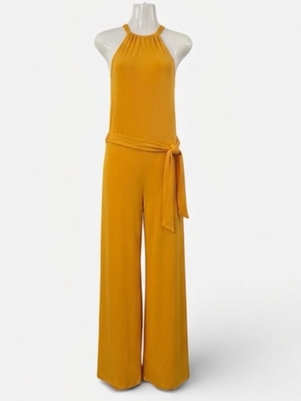 Zara Mustard Yellow Flowy Belted Jumpsuit Halter Wide Leg NWT Small